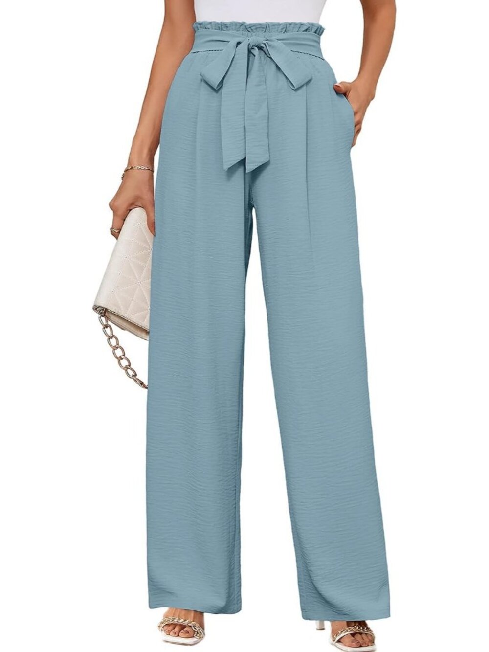 Women's Blue Haze Wide Leg Pant High Waisted Tie Knot Loose Comfy Casual Trouser